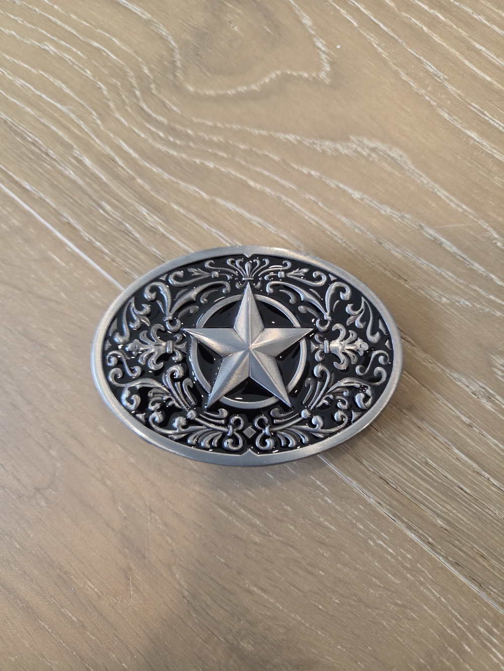 Western Texas Star Oval Belt Buckle Silver Tone Black Scrollwork